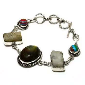 Браслет из лабрадорита, радужного кальцита, 925 пробы с посеребренным покрытием, 6–8 дюймов