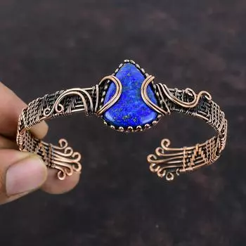 Браслет из лазурита, браслет из медной проволоки, регулируемый браслет-манжета, ювелирные изделия из драгоценных камней, браслет ручной работы, антикварные медные украшения, подарок для мамы