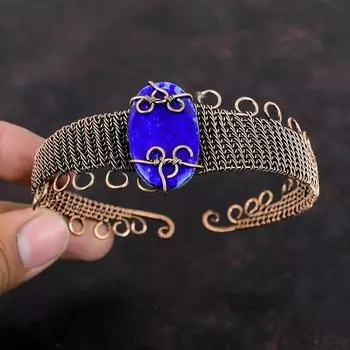 Браслет из лазурита, медная проволока, браслет-манжета, браслет из натурального драгоценного камня, регулируемый браслет ручной работы, уникальные медные украшения, подарок для нее