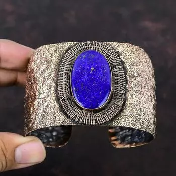 Браслет из лазурита, медная проволока, регулируемый браслет-манжета, проволочная обертка, ювелирные изделия из драгоценных камней, браслет ручной работы, медные украшения для подарков