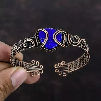 Браслет из лазурита, медная проволока, регулируемый браслет-манжета, браслет из натурального драгоценного камня, браслет ручной работы, медная проволока, ювелирное изделие, подарок для жены