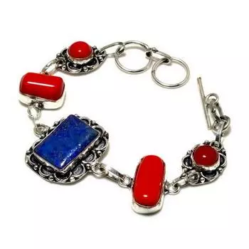 Браслет из ляпис-лазури, красного коралла, посеребренного 925 пробы, 6–8 дюймов