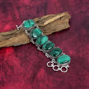 Браслет из малахита, ювелирные изделия ручной работы, браслет из стерлингового серебра 925 пробы, дизайнерские ювелирные изделия из драгоценных камней, регулируемый браслет-цепочка, подарок для мамы Adjustable with 8 inches зелёный