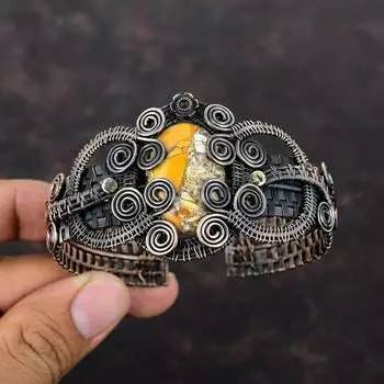 Браслет из меди с брекчиевым мукаитом, обмотанный медной проволокой, регулируемый браслет-манжета, ювелирные изделия ручной работы, браслет с драгоценными камнями, обмотанный проволокой