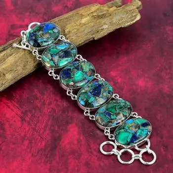 Браслет из медного малахита и азурита, ювелирные изделия из азурита, браслет из чистого серебра 925 пробы, натуральный браслет, ювелирные изделия из драгоценных камней ручной работы, подарок для нее 8 Inches With Adjustable синий