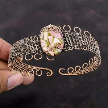 Браслет из медного розового опала, медная проволока, ювелирные изделия, браслет-манжета с драгоценным камнем, регулируемый браслет, браслет из проволочной обмотки, подарок для мамы, браслет ручной работы