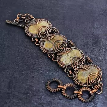 Браслет из медной проволоки ручной работы с натуральным ископаемым кораллом 7-8 дюймов k1u88