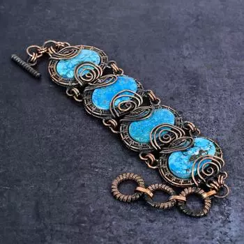 Браслет из медной проволоки ручной работы с натуральным тибетским бирюзовым драгоценным камнем 7-8 дюймов V5j63