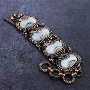 Браслет из медной проволоки ручной работы с натуральным радужным лунным камнем 7-8 дюймов g2t32