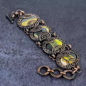 Браслет из медной проволоки ручной работы с натуральным драгоценным камнем яшмой шмеля 7-8 дюймов V8b47