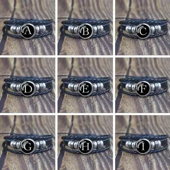 Браслет из металлических бусин с 26 буквами алфавита AZ, черный плетеный кожаный браслет для мужчин, женщин, детей, домашние подарки S чёрный
