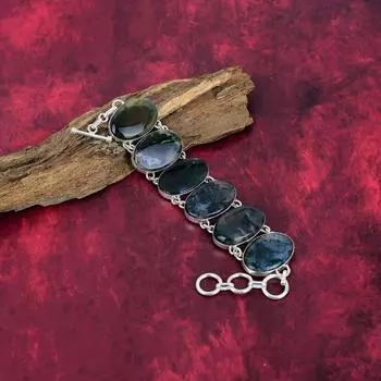 Браслет из мохового агата, ювелирные изделия из драгоценных камней, браслет из стерлингового серебра 925 пробы, подарок для женщин, браслет ручной работы Adjustable With 8 Inches чёрный