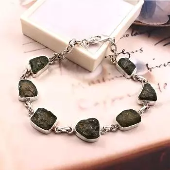 Браслет из молдавита, браслет из натурального молдавита, 100% натуральный молдавский камень, серебряные браслеты ручной работы 925 пробы, хрустальный браслет, браслет унисекс 7-8 чёрный