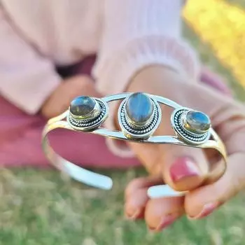 Браслет из настоящего лабрадорита, серебряный браслет из лабрадорита, браслет-манжета из лабрадорита, браслет из стерлингового серебра, подарок на День Святого Валентина 7-9 синий