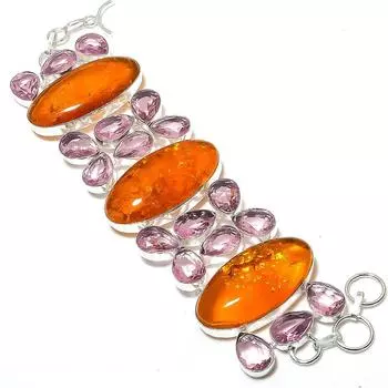 Браслет из натурального балтийского янтаря, драгоценного камня кунцита из стерлингового серебра 925 пробы 7-8 дюймов U7J52