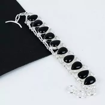 Браслет из натурального черного оникса ручной работы из стерлингового серебра 925 пробы, браслет из черного оникса для жены, браслет унисекс, подарок для нее 8 чёрный