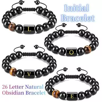 Браслет из натурального черного оникса с заостренными инициалами ручной работы, регулируемый браслет из тигрового глаза с 26 буквами для мужчин и женщин A