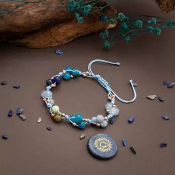 Браслет из натурального камня горловой чакры – апатит-аквамарин-содалит-хризоколла-гематит