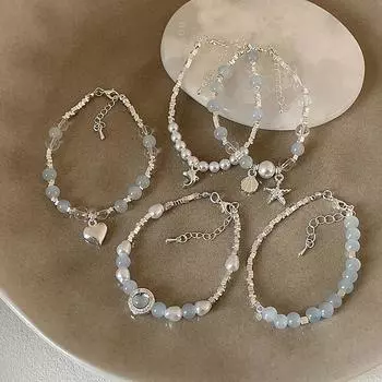 Браслет из натурального камня серии «Аквамарин» с бисером из серебра, женский, свежий и модный, индивидуальный универсальный браслет, ювелирные изделия