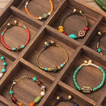 Браслет из натурального камня в богемном этническом стиле, ретро и простая индивидуальность, мужской и женский плетеный браслет из серии непальских бусин