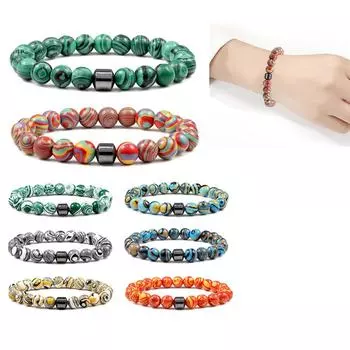 Браслет из натурального малахита, черный магнитный гематитовый камень, 8 мм, круглые бусины, эластичный браслет, нить для йоги для мужчин и женщин светло-синий