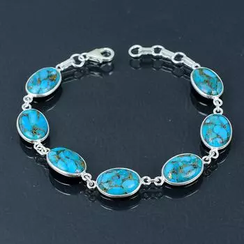 Браслет из натурального медного камня с бирюзой, серебро 925 пробы, браслет со звеньями от 7 до 8 дюймов, браслет ручной работы, ювелирный подарок на День святого Валентина синий