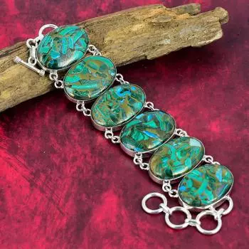 Браслет из натурального медного малахита и азурита, ювелирные изделия из драгоценных камней, стерлинговое серебро 925 пробы, регулируемый браслет-цепочка ручной работы, антикварные украшения для нее 8 Inches With Adjustable синий