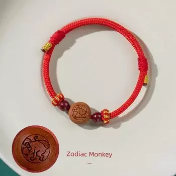 Браслет из натурального персикового дерева с горы Путо для детей, красная веревочка, талисман из персиковой косточки года рождения и киновари, бусины на удачу, детская переноска Zodiac Monkey-[Body Transport]]