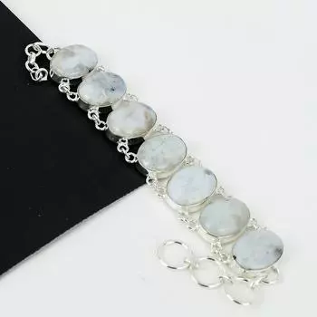 Браслет из натурального радужного лунного камня ручной работы из стерлингового серебра 925 пробы, браслет из радужного лунного камня для жены, браслет унисекс, праздничные наряды в подарок 8 белый