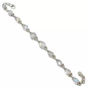 Браслет из натурального радужного лунного камня ручной работы из твердого серебра 925 пробы 7–8 дюймов y9T90