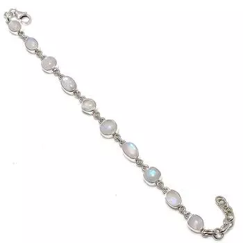 Браслет из натурального радужного лунного камня ручной работы из твердого серебра 925 пробы 7-8 дюймов Z4e76