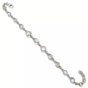 Браслет из натурального радужного лунного камня ручной работы из цельного серебра 925 пробы 7–8 дюймов a4N87