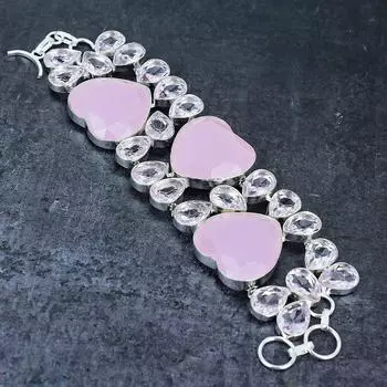 Браслет из натурального розового халцедона и кунцита из стерлингового серебра 925 пробы 7-8 дюймов h1k73