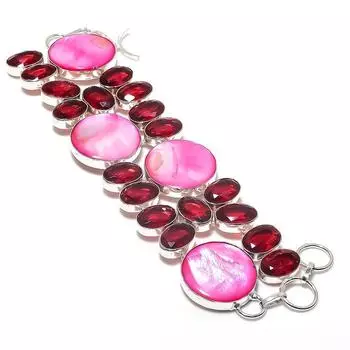 Браслет из натурального розового перламутра и граната из стерлингового серебра 925 пробы 7-8 дюймов L4M60