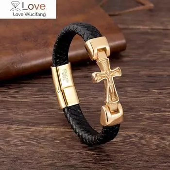 Браслет из натуральной кожи для мужчин, золотой цвет, крест, ручная работа, панк-ювелирные изделия, браслеты с подвесками, роскошные магнитные застежки, оптовая продажа, подарок 23cm