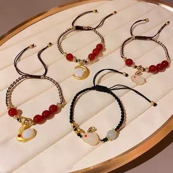 Браслет из нефрита с бабочкой из китайской акации и узлом «Кролик» — ювелирные изделия из красной веревки «Год Кролика» S359 красный