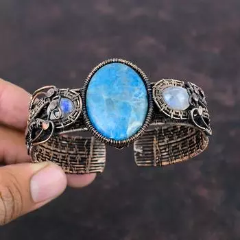 Браслет из неонового апатита, медная проволока, обернутая драгоценным камнем, регулируемый браслет ручной работы, браслет-манжета из радужного лунного камня, медные ювелирные изделия, подарок для него