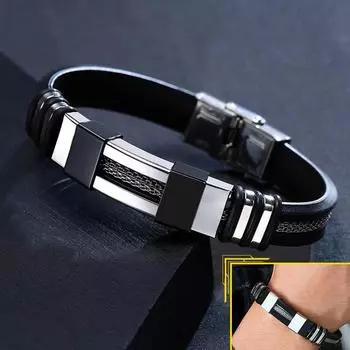 Браслет из нержавеющей стали, мужской браслет на запястье, черный, рифленый, со вставкой из силиконовой сетки, панк-браслет, стильный повседневный регулируемый браслет золотой