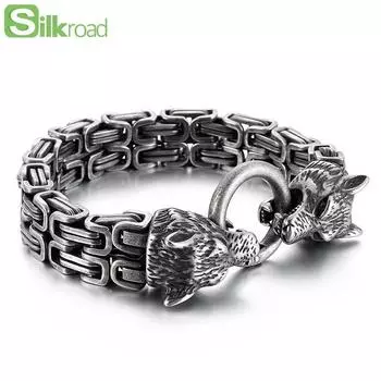 Браслет из нержавеющей стали Nordic Viking с двойной головой волка, мужской ретро-панк