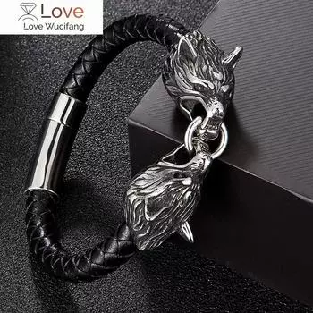 Браслет из нержавеющей стали с головой волка в стиле панк-рока, модные черные кожаные мужские ювелирные изделия оптом, аксессуары, подарки для друзей