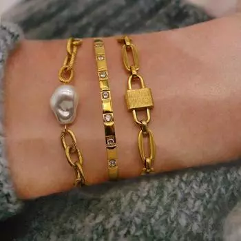 Браслет из нержавеющей стали с натуральным пресноводным жемчугом, женский подарочный браслет из титановой стали с покрытием из настоящего золота