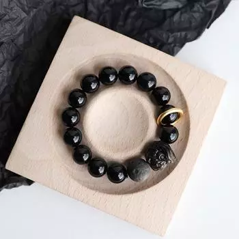 Браслет из обсидиана, серебряный браслет из обсидиана для пары, бусины на удачу в виде льва, приносящие богатство и мир парню в подарок. Для окружности запястья 16-18 см.