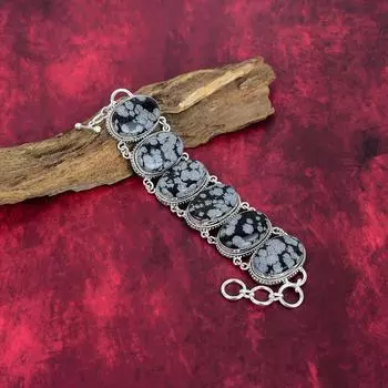 Браслет из обсидиана «Снежинка», изящный ювелирный браслет из стерлингового серебра 925 пробы с драгоценными камнями, регулируемый браслет-цепочка, подарок для нее Adjustable with 8 inches чёрный