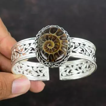 Браслет из окаменелости аммонита, подлинный драгоценный камень, браслет-манжета ручной работы, ювелирные изделия из стерлингового серебра 925 пробы, регулируемый браслет, подарки для друга