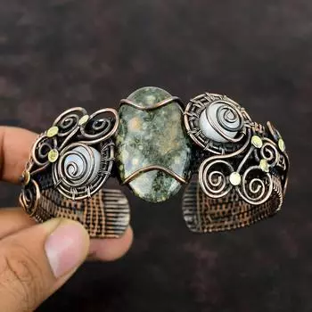 Браслет из океанической яшмы Медная проволока Браслет-манжета с драгоценным камнем Радужный браслет из лунного камня Ювелирные изделия ручной работы Регулируемый браслет-манжета Для подарка