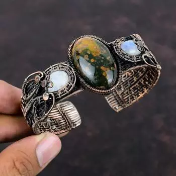 Браслет из океанской яшмы, браслет-манжета из медной проволоки, браслет-манжета с радужным браслетом из лунного камня, ювелирные изделия ручной работы, браслет из драгоценных камней, регулируемая манжета, подарок для него