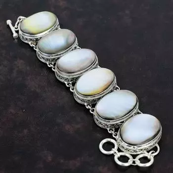 Браслет из перламутра, винтажный браслет, настоящие драгоценные камни, ювелирные изделия ручной работы, браслет из стерлингового серебра 925 пробы, регулируемый браслет-цепочка, подарок для нее