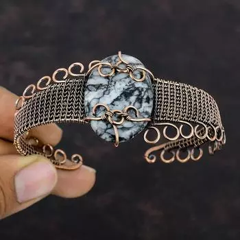 Браслет из пинолита с яшмой, медная проволока, браслет-манжета, регулируемый браслет, подарок на помолвку, браслет ручной работы с драгоценными камнями, медная проволока, ювелирные изделия