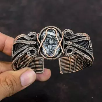 Браслет из пинолита с яшмой, медная проволока, браслет-манжета, регулируемый браслет, ювелирные изделия ручной работы, браслет с драгоценными камнями, медная проволока, ювелирный подарок для нее