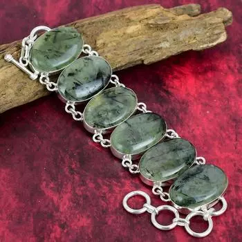 Браслет из пренита, Браслет из драгоценных камней, Ювелирные изделия ручной работы, Браслет из чистого серебра 925 пробы, Браслет-цепочка, Ювелирные изделия из пренита, подарок на помолвку 8 Inches With Adjustable зелёный